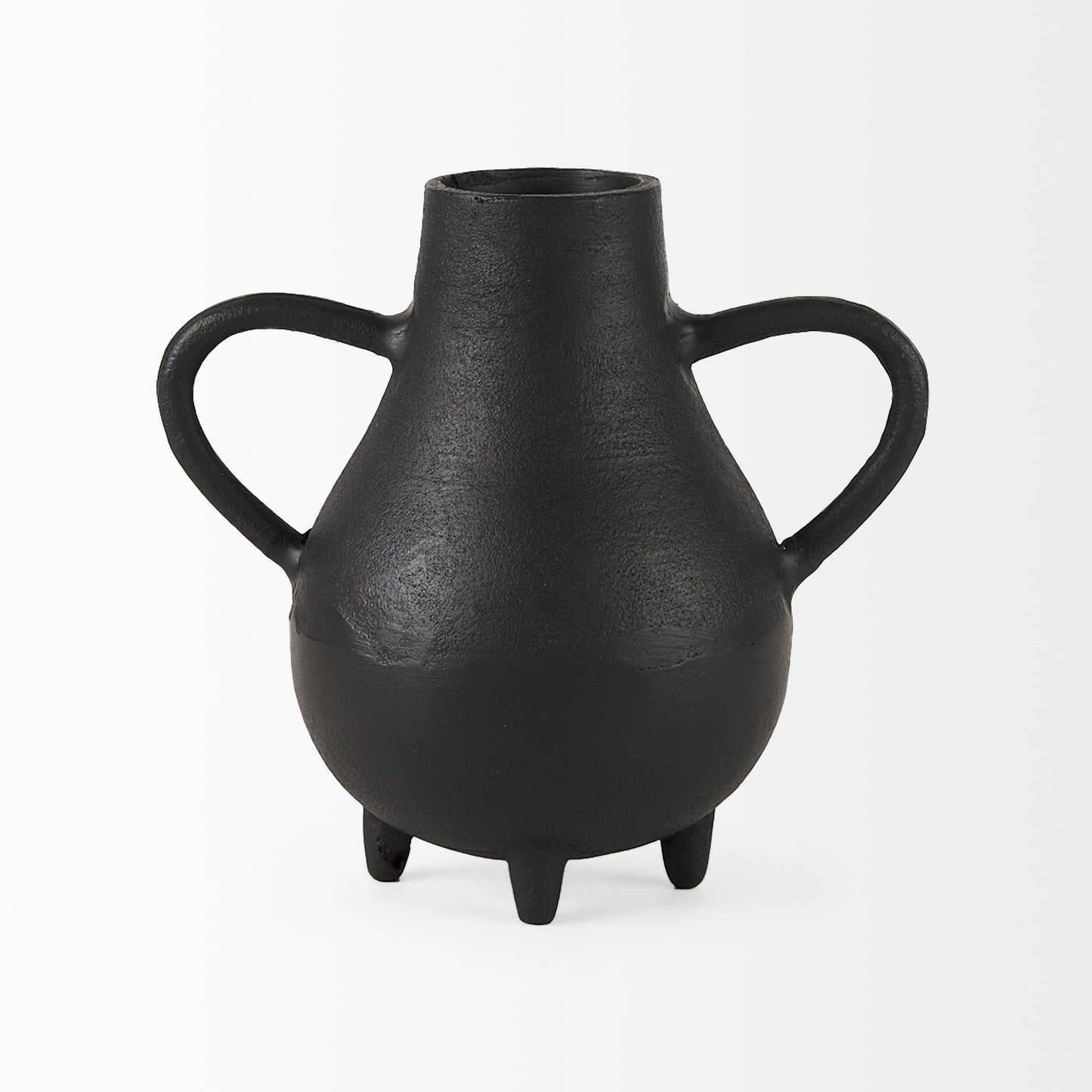 Black vase with handles and legs on a white background