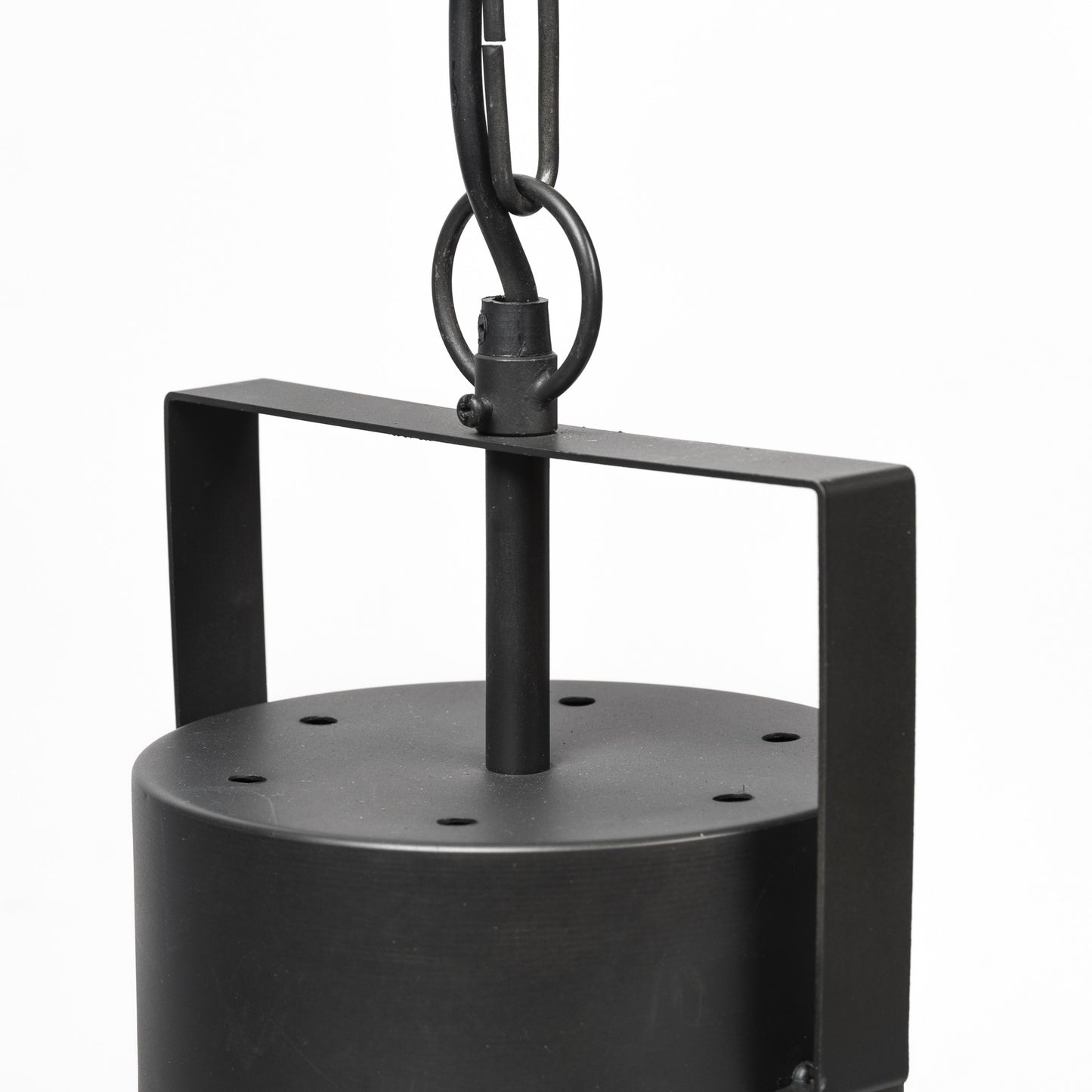 Black metal pendant light with chain on a white background