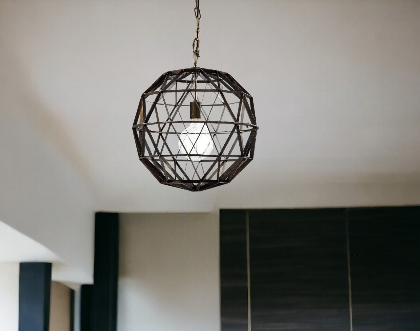 Geometric pendant light hanging from a ceiling