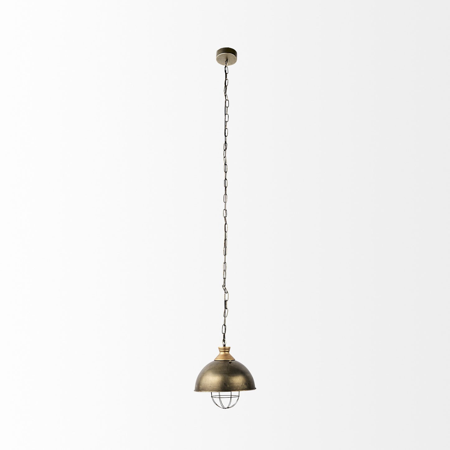 Bronze pendant light hanging against a white background
