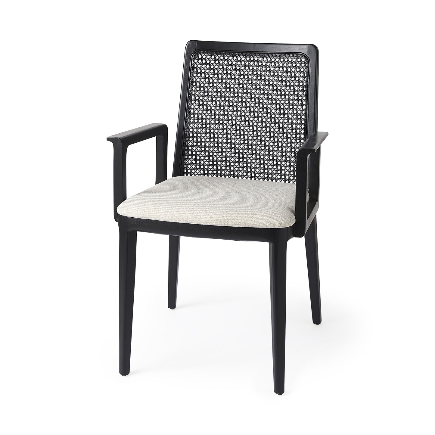 Black armchair with woven backrest and white cushion on a white background
