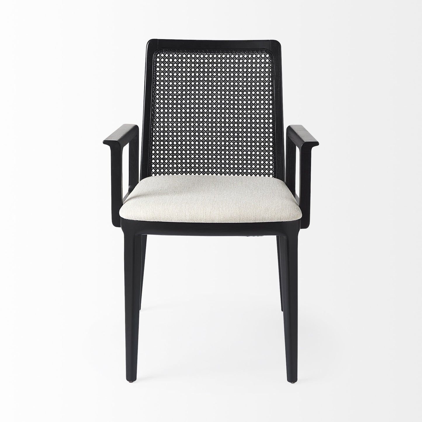 Chair with black woven backrest and white cushion on a white background