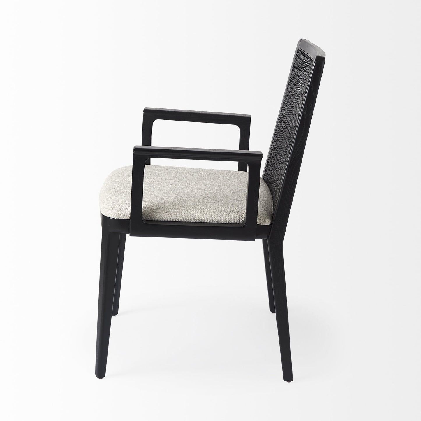 Chair with black frame and white cushion on a white background