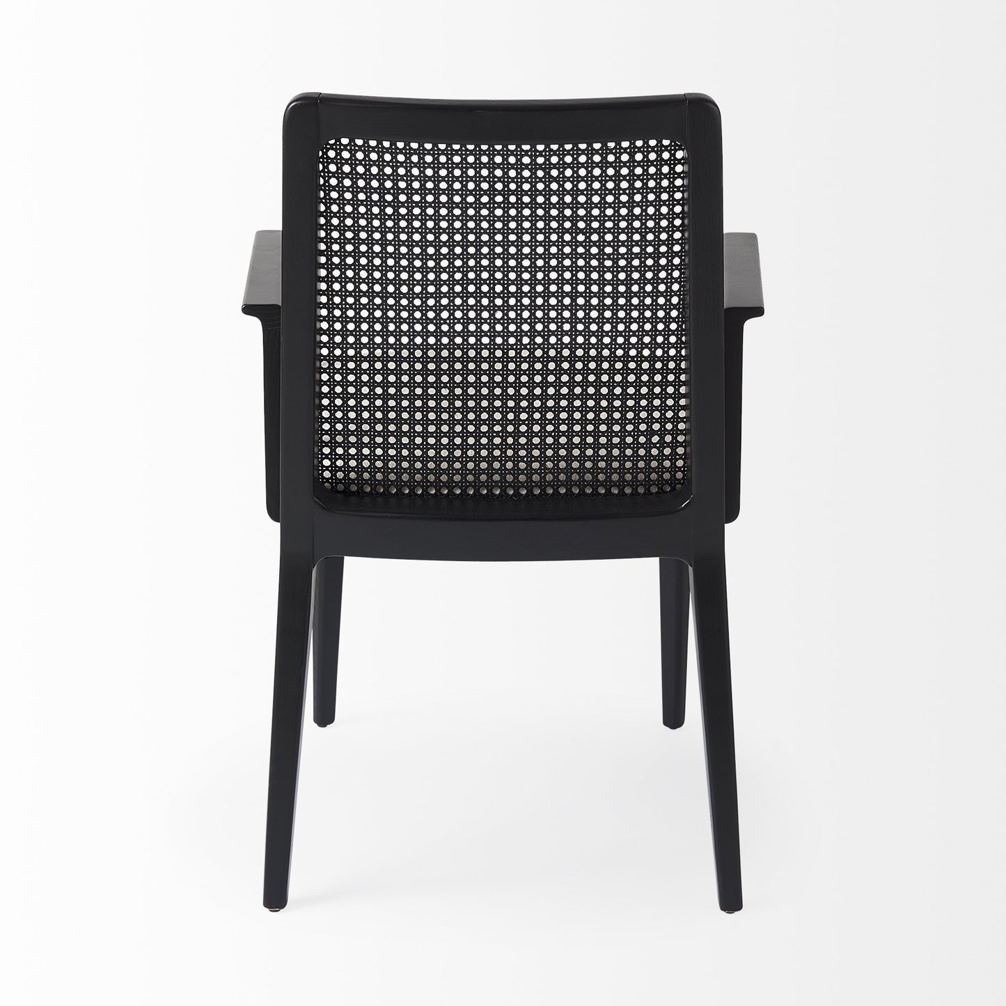 Black chair with woven backrest on a white background