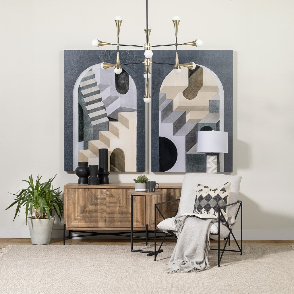 Modern living room with abstract wall art, a chandelier, and a sideboard.