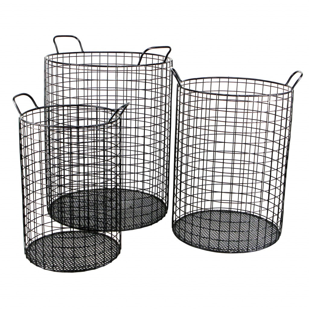 SET OF THREE METAL WIRE STORAGE BASKETS