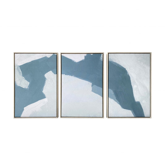 Set of three abstract art prints with blue and white abstract patterns on a white background