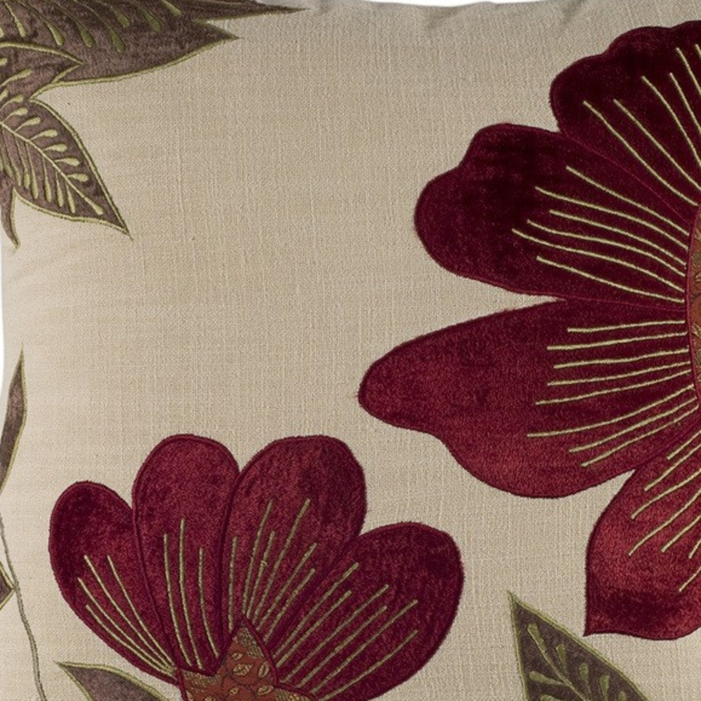 18" BEIGE AND RED FLORAL THROW PILLOW WITH EMBROIDERY - Varnish & Vibe