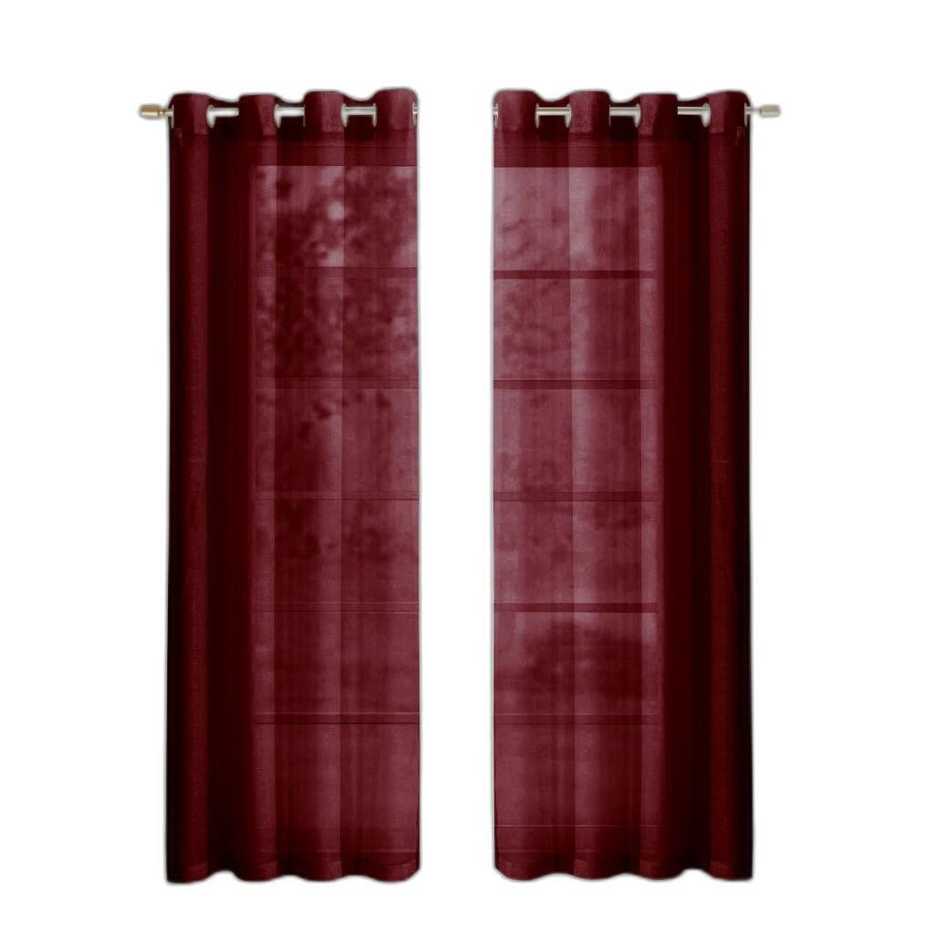 Pair of maroon curtains with grommets on a white background
