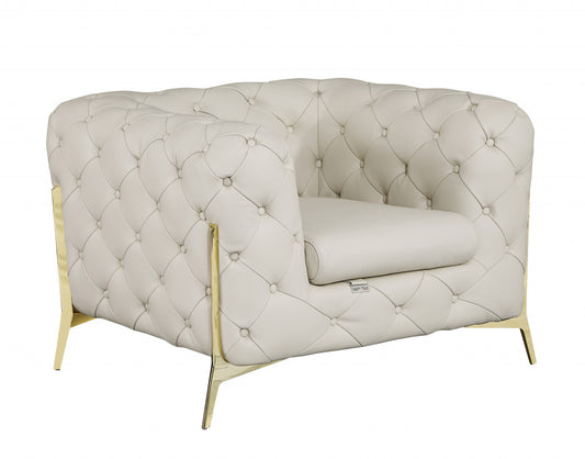 PALISADES BEIGE AND GOLD ITALIAN LEATHER TUFTED CHESTERFIELD CHAIR