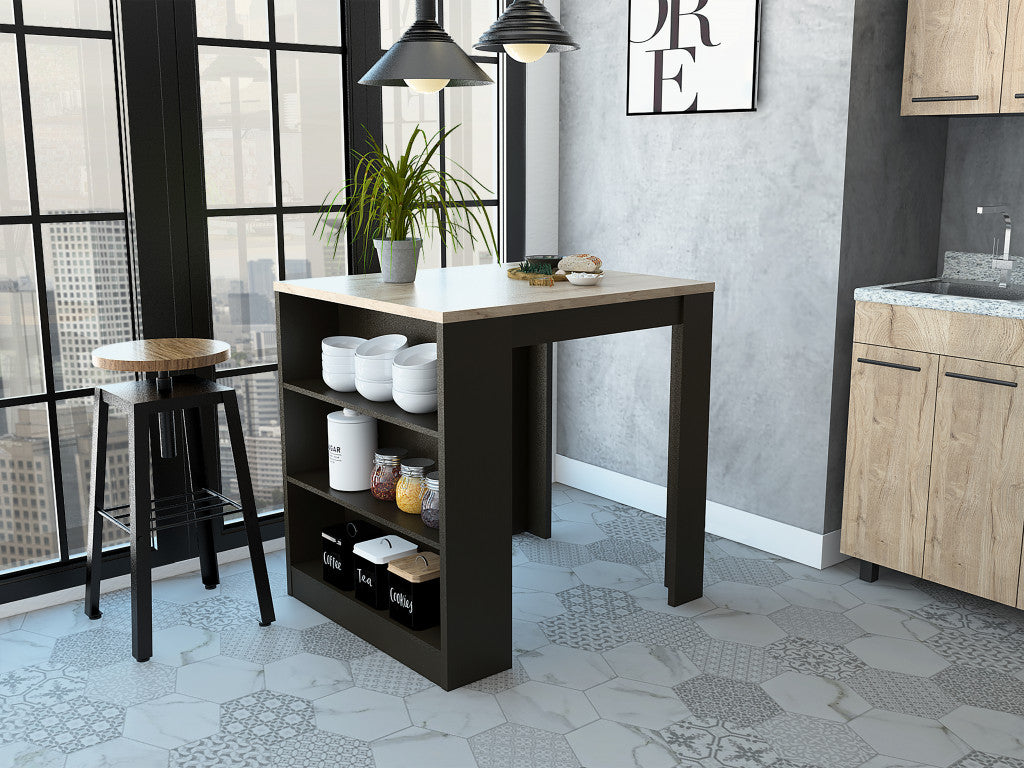 Modern kitchen with a small island table, bar stools, and decor elements.