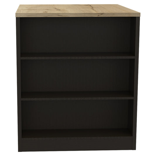 Black bookshelf with a wooden top on a white background