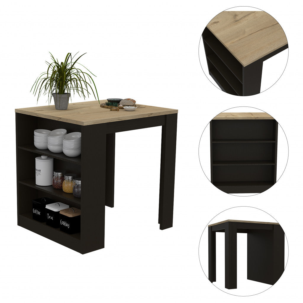 Dining table with black base and wooden top, featuring a plant and decorative items.