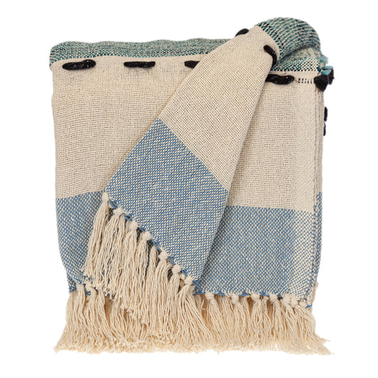 MALIBU 50" X 60" BLUE AND IVORY WOVEN COTTON STRIPED THROW BLANKET WITH TASSELS - Varnish & Vibe