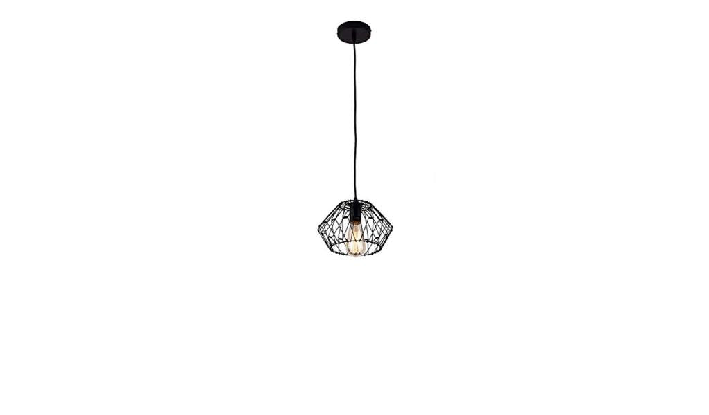 Pendant light with black cage shade on a white background