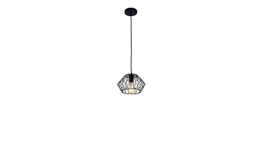 Pendant light with black cage shade on a white background