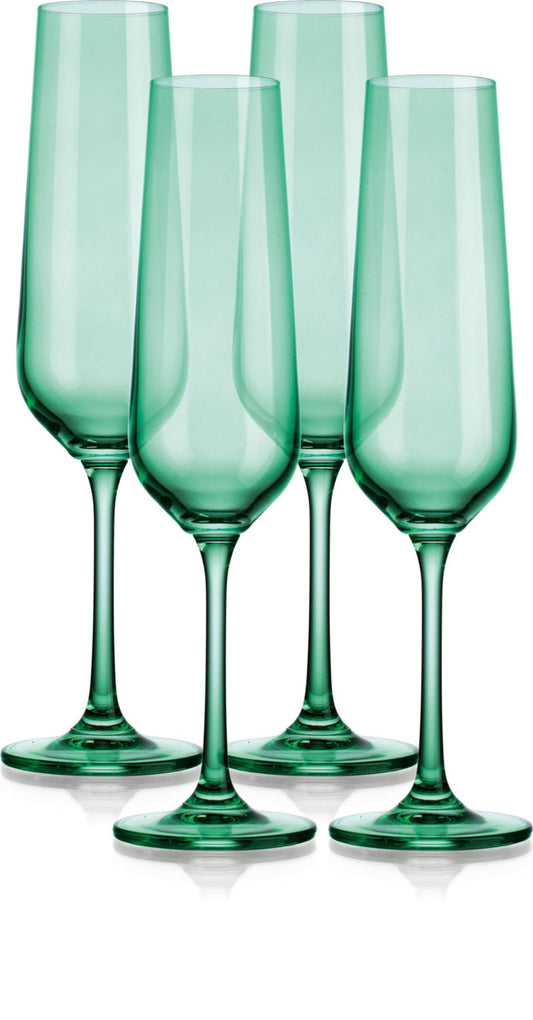 OCEAN SET OF FOUR BOHEMIAN GREEN CRYSTAL FLUTE GLASSES