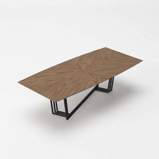 Wooden table with black metal legs on a white background