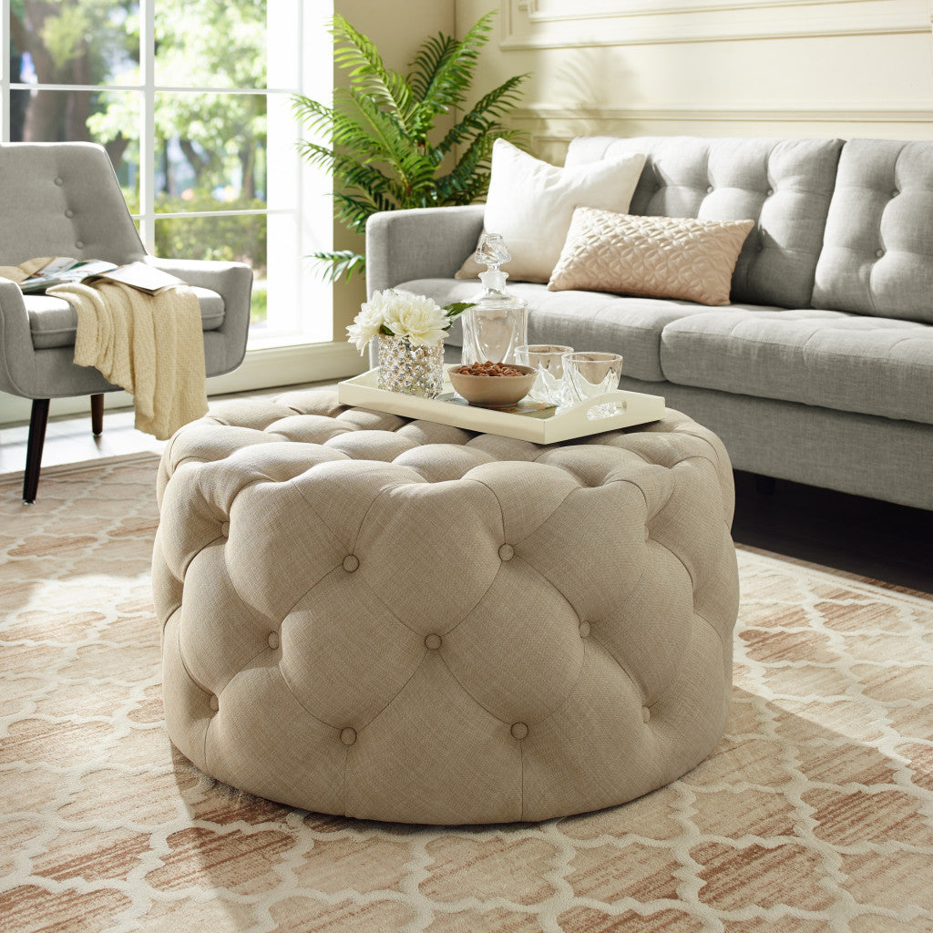 PALISADES BEIGE LINEN TUFTED ROUND OTTOMAN - Varnish & Vibe