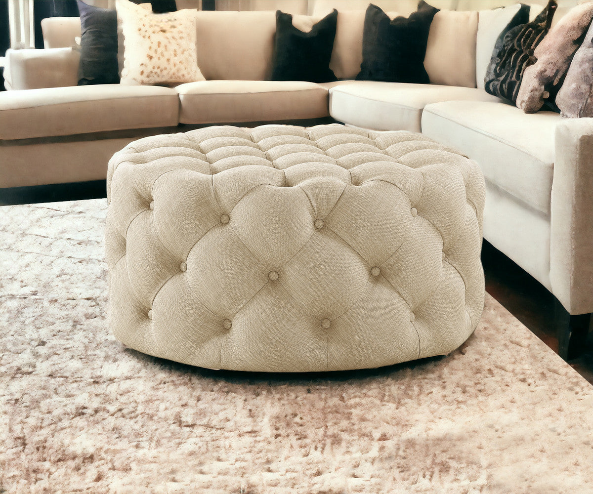 PALISADES BEIGE LINEN TUFTED ROUND OTTOMAN - Varnish & Vibe