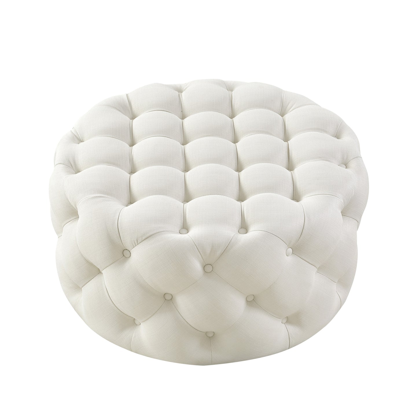 PALISADES WHITE LINEN TUFTED ROUND OTTOMAN