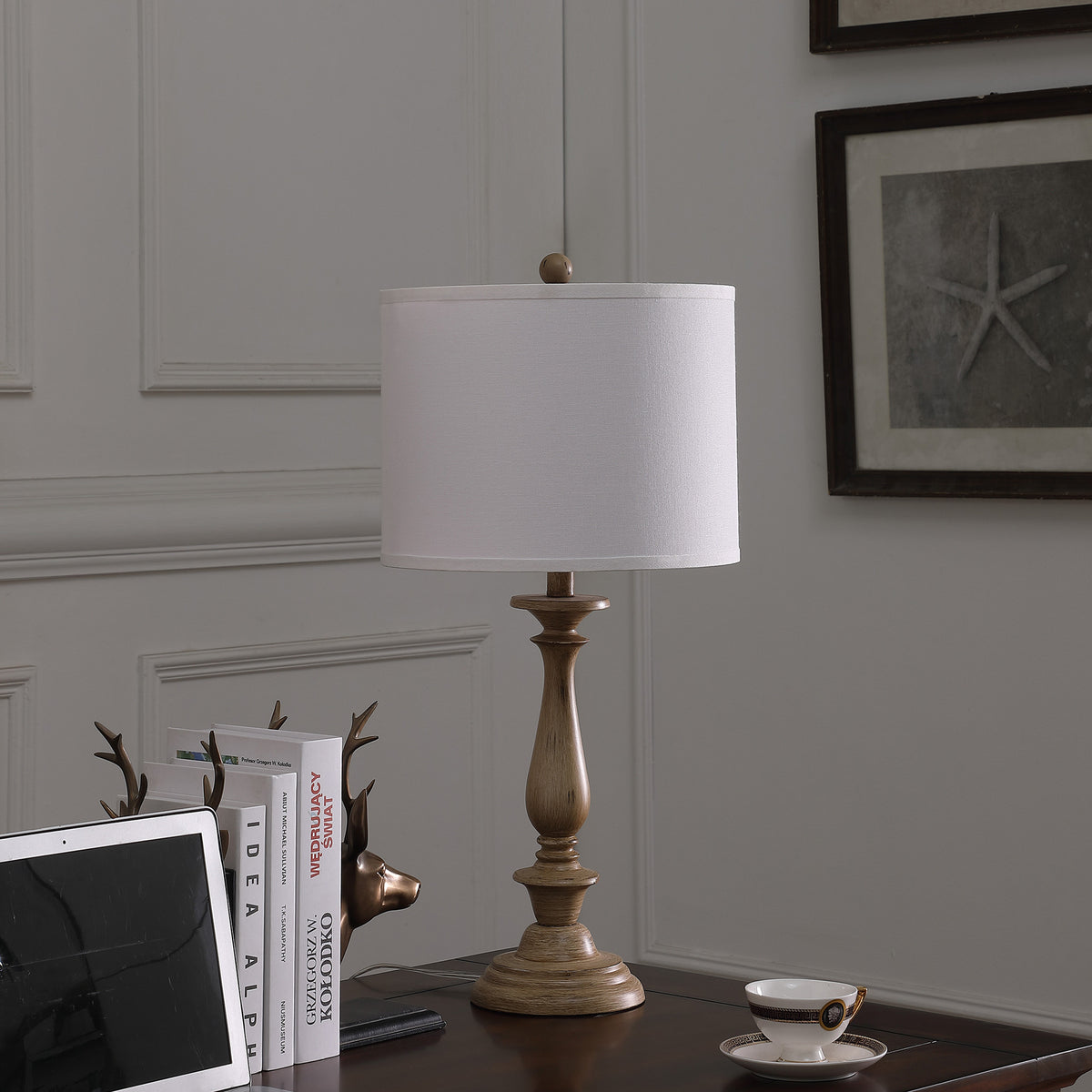 CALABASAS 28" RUSTIC TAUPE CREAM CANDLESTICK TABLE LAMP WITH WHITE SHADE - Varnish & Vibe