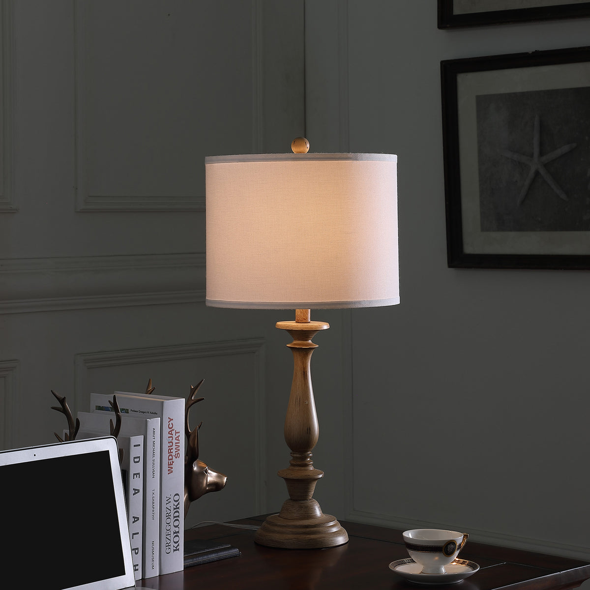 CALABASAS 28" RUSTIC TAUPE CREAM CANDLESTICK TABLE LAMP WITH WHITE SHADE - Varnish & Vibe