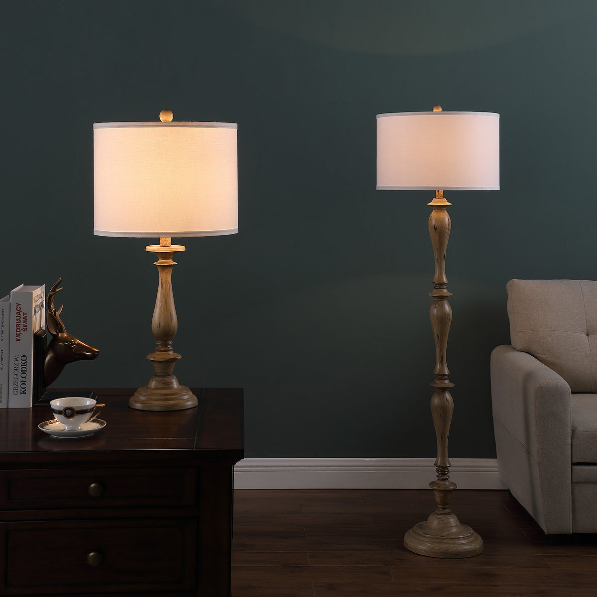 CALABASAS 28" RUSTIC TAUPE CREAM CANDLESTICK TABLE LAMP WITH WHITE SHADE - Varnish & Vibe