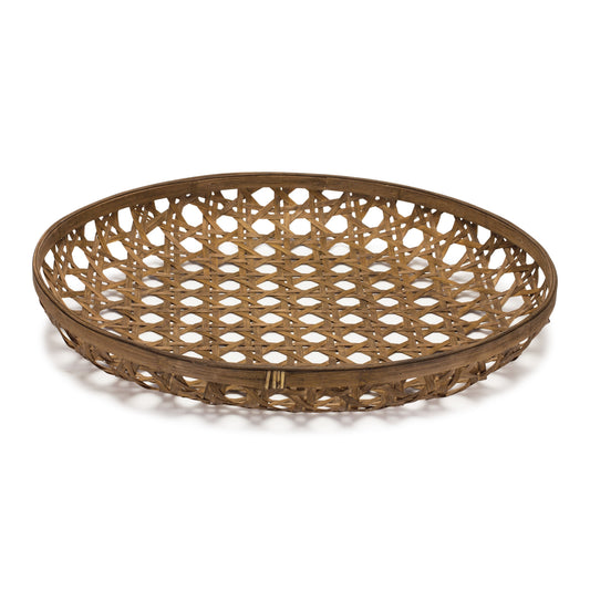 26" BROWN BAMBOO WEAVE ROUND WOOD VANITY TRAY - Varnish & Vibe