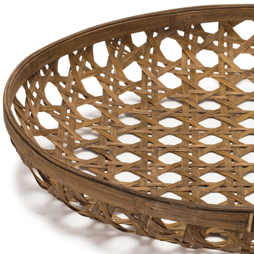 26" BROWN BAMBOO WEAVE ROUND WOOD VANITY TRAY - Varnish & Vibe