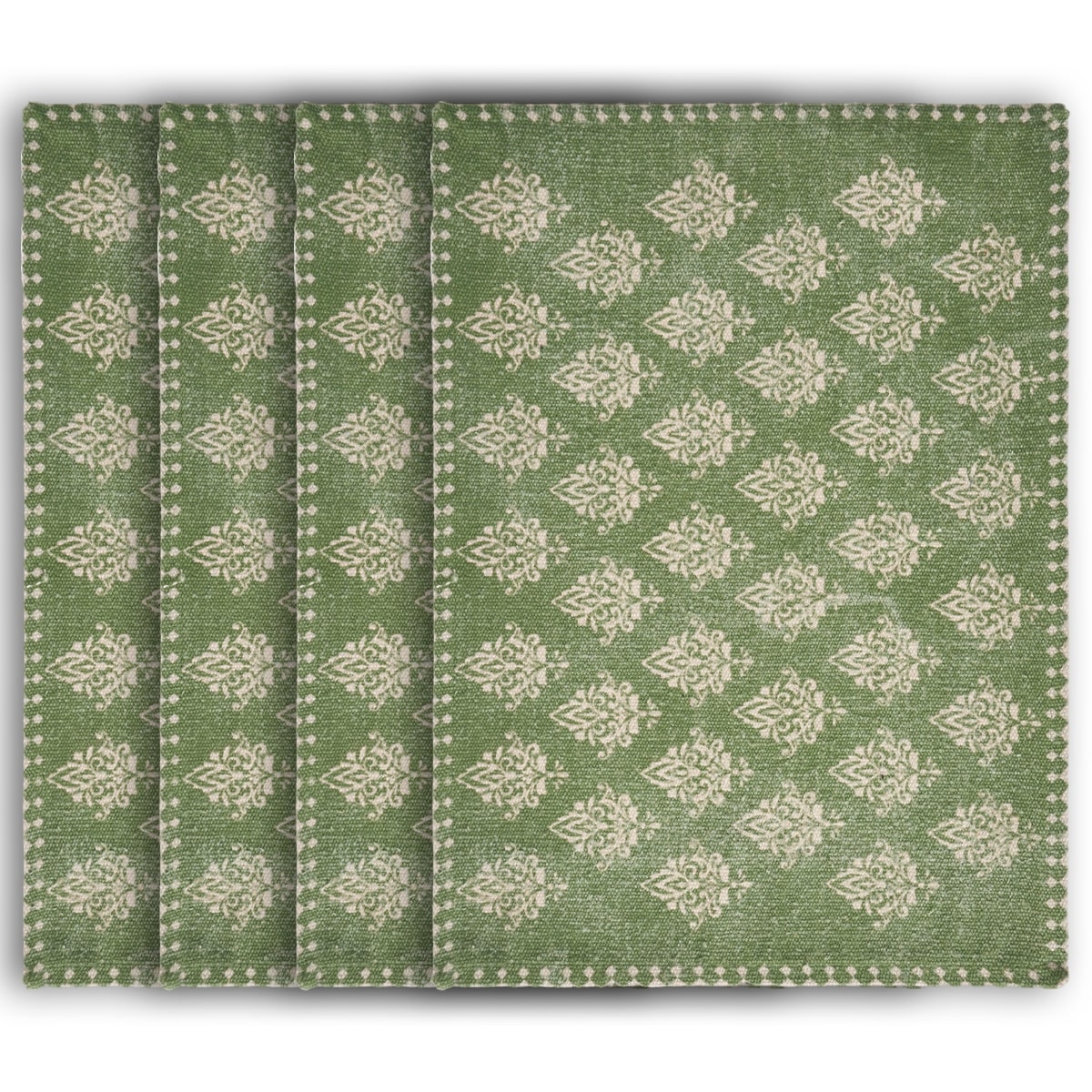19" SET OF FOUR GREEN AND CREAM GEOMETRIC MEDALLION COTTON PLACEMATS - Varnish & Vibe