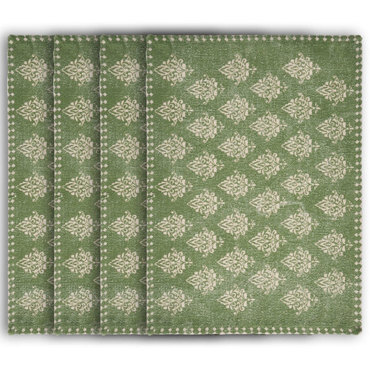 19" SET OF FOUR GREEN AND CREAM GEOMETRIC MEDALLION COTTON PLACEMATS - Varnish & Vibe