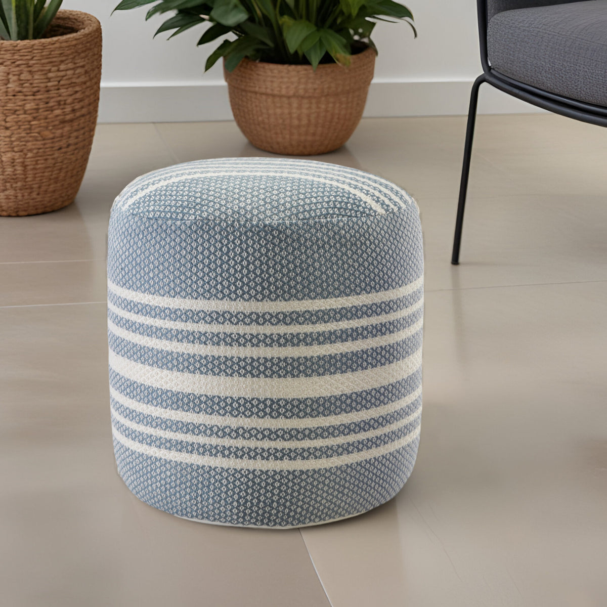 LAKEVIEW 20" BLUE STRIPED OUTDOOR POUF OTTOMAN
