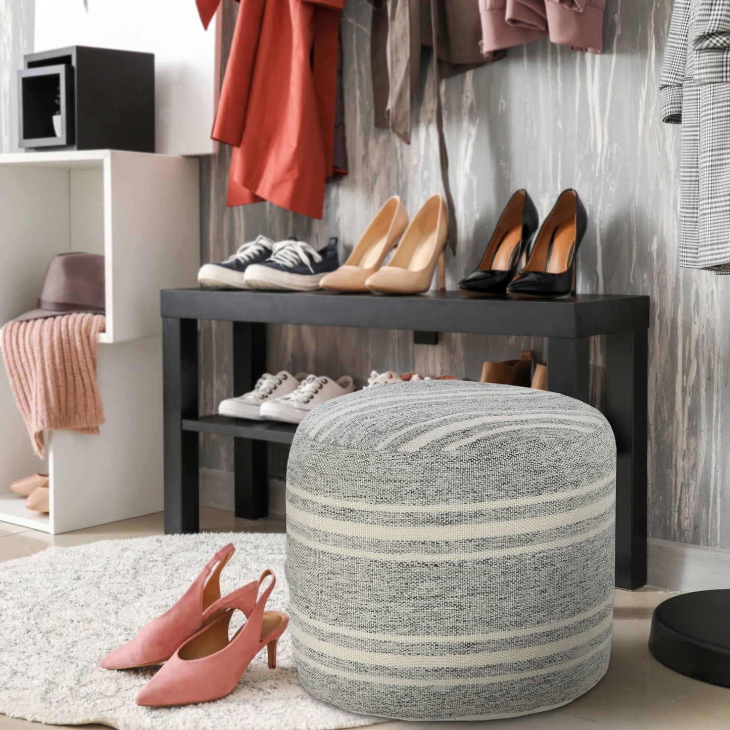 LAKEVIEW 18" GRAY STRIPED OUTDOOR POUF OTTOMAN