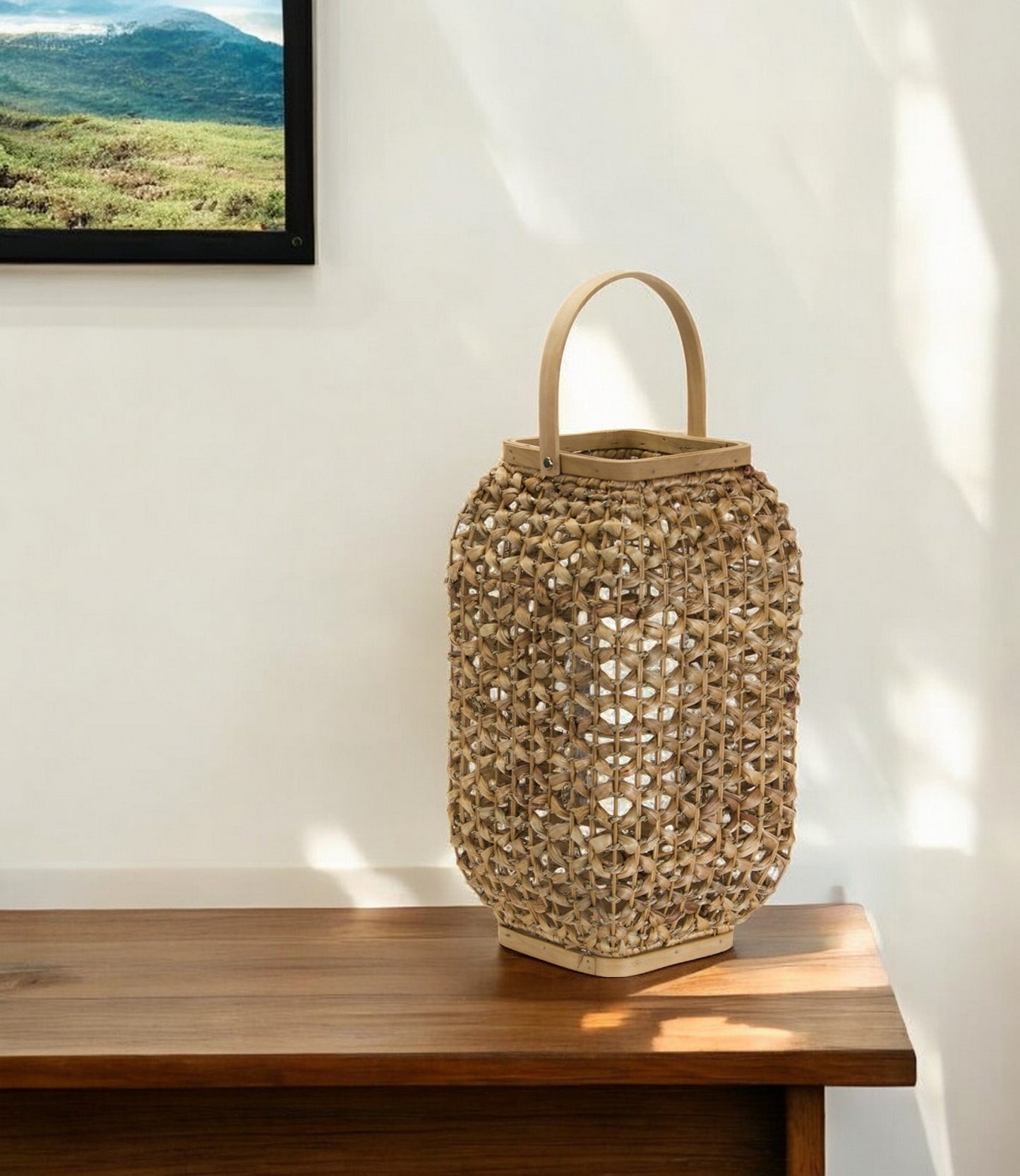 LAKEVIEW 16" WICKER AND GLASS CANDLE HOLDER