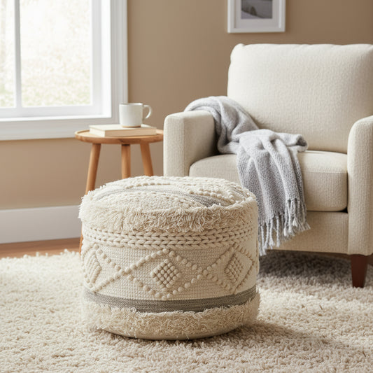 18" CREAM WOOL COTTON BLEND ROUND GEOMETRIC POUF OTTOMAN - Varnish & Vibe