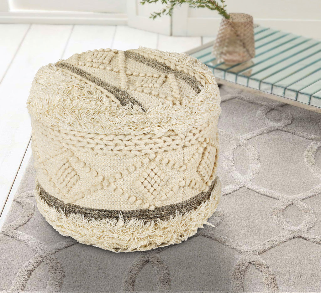 18" CREAM WOOL COTTON BLEND ROUND GEOMETRIC POUF OTTOMAN - Varnish & Vibe