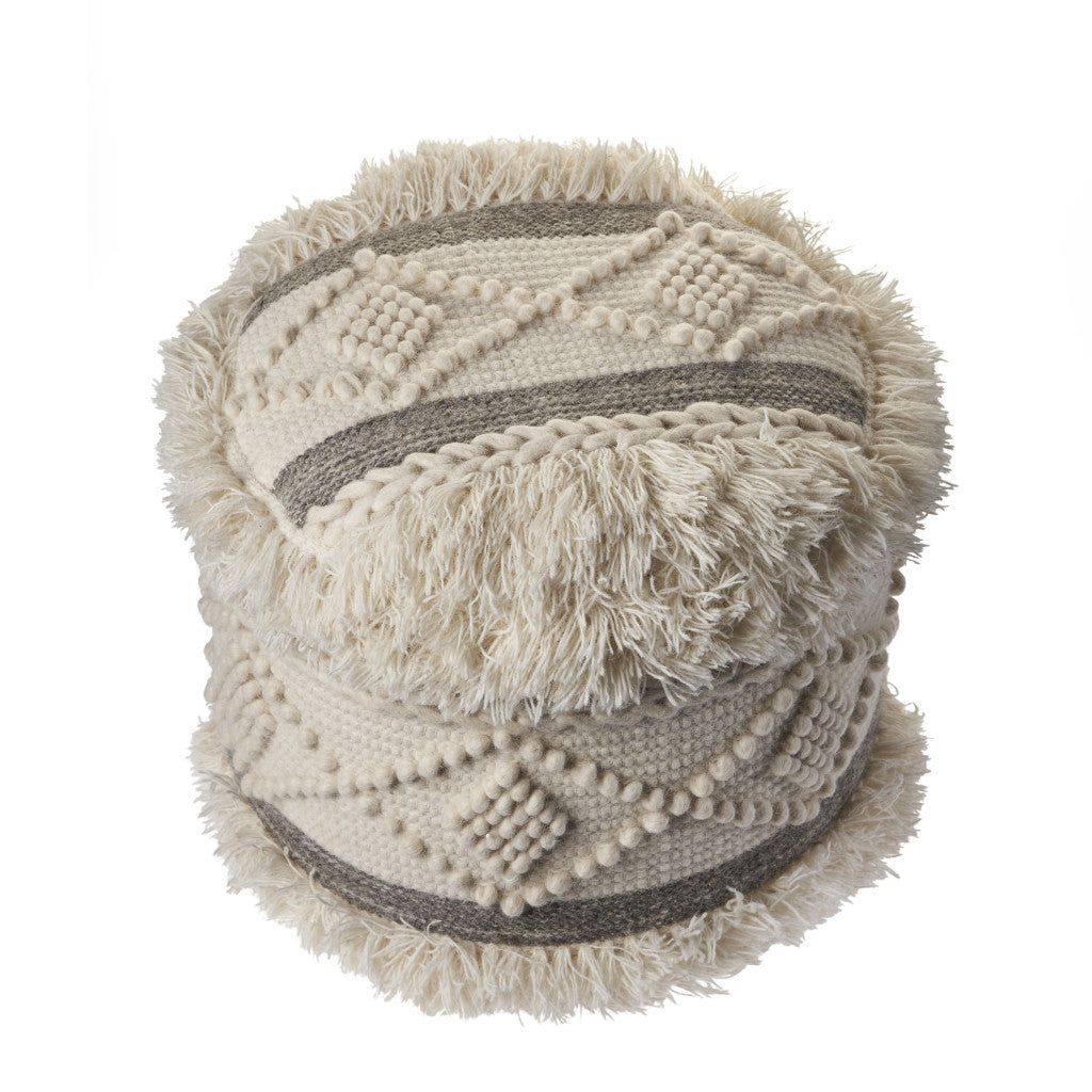 18" CREAM WOOL COTTON BLEND ROUND GEOMETRIC POUF OTTOMAN - Varnish & Vibe