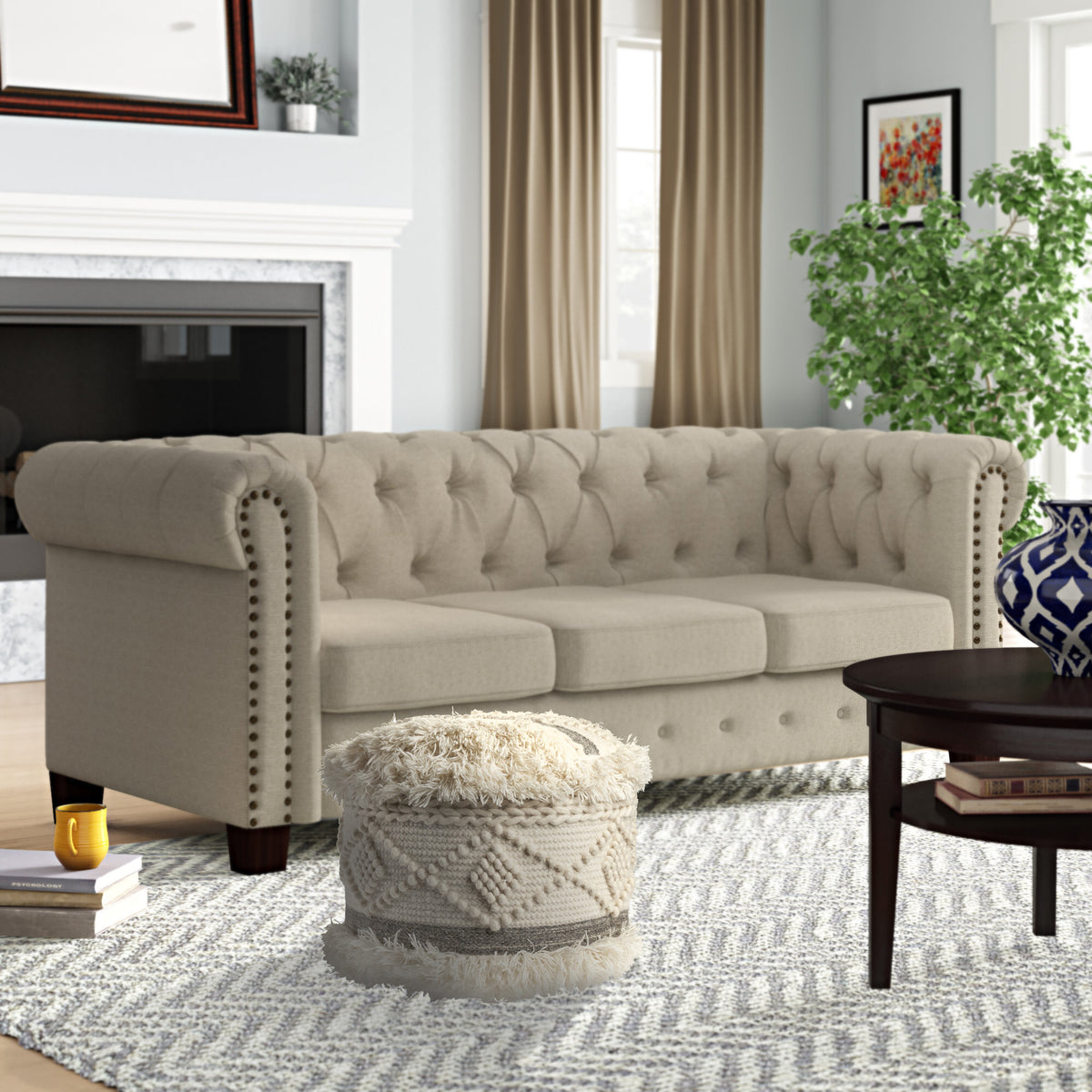18" CREAM WOOL COTTON BLEND ROUND GEOMETRIC POUF OTTOMAN - Varnish & Vibe