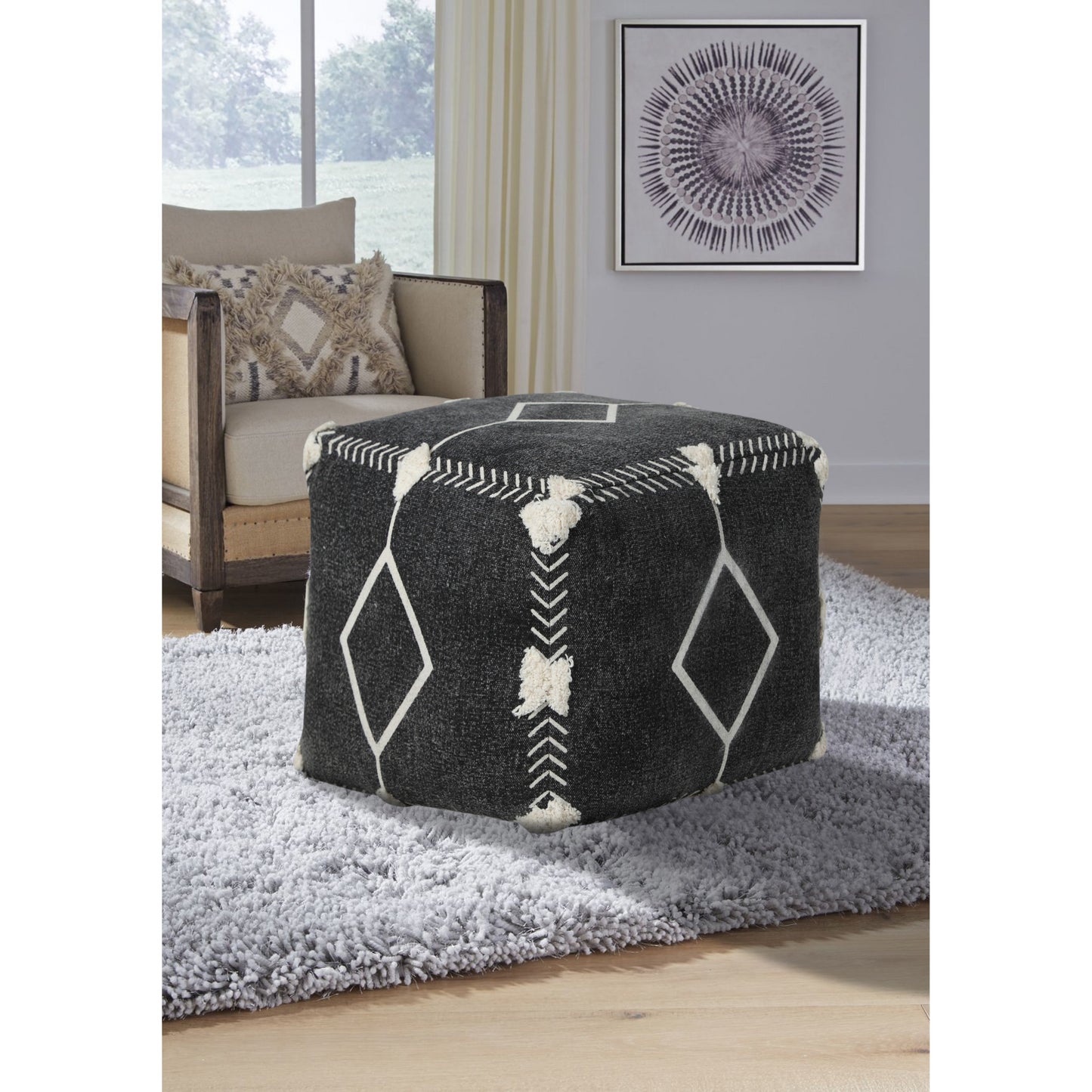 black cotton geometric pouf ottoman, cotton geometric pouf ottoman, geometric pouf ottoman, 18" black cotton geometric pouf, 18" black cotton geometric