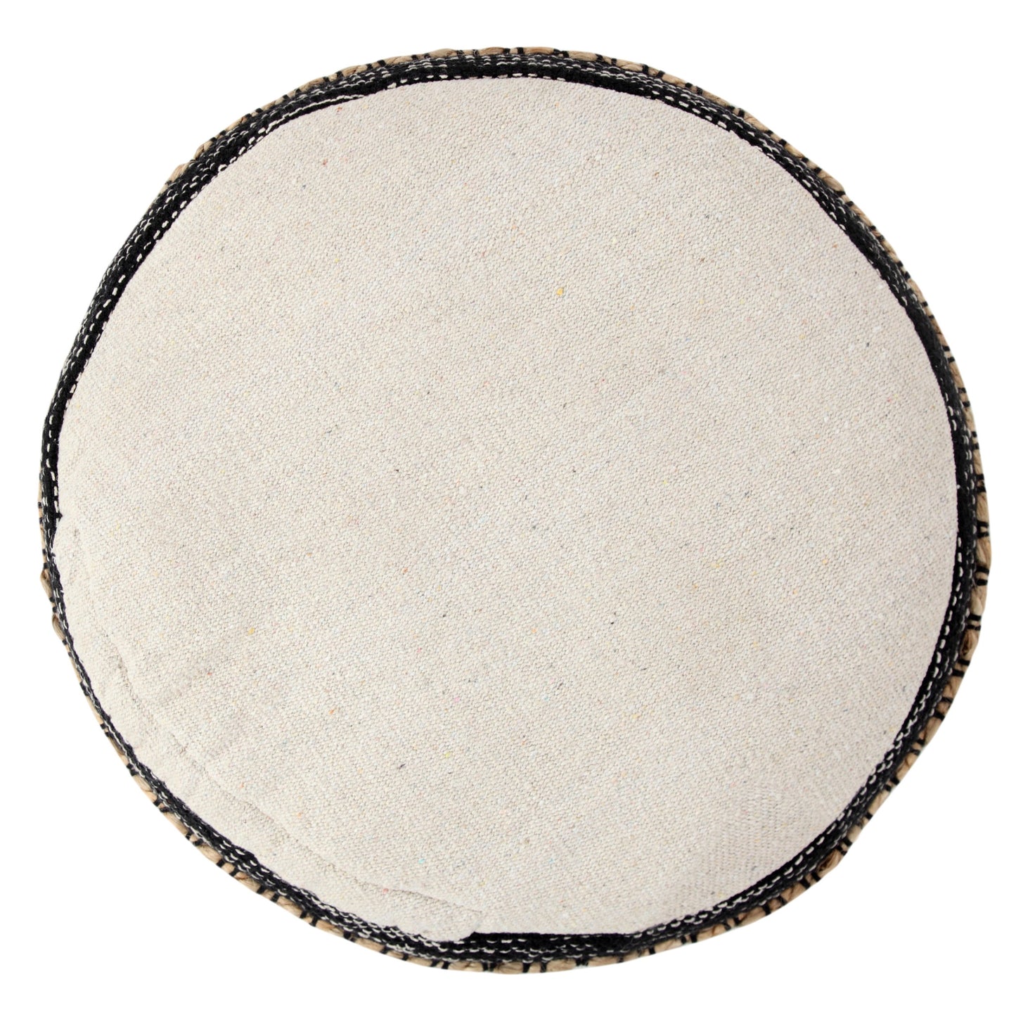 Round beige cushion with dark brown trim on a white background