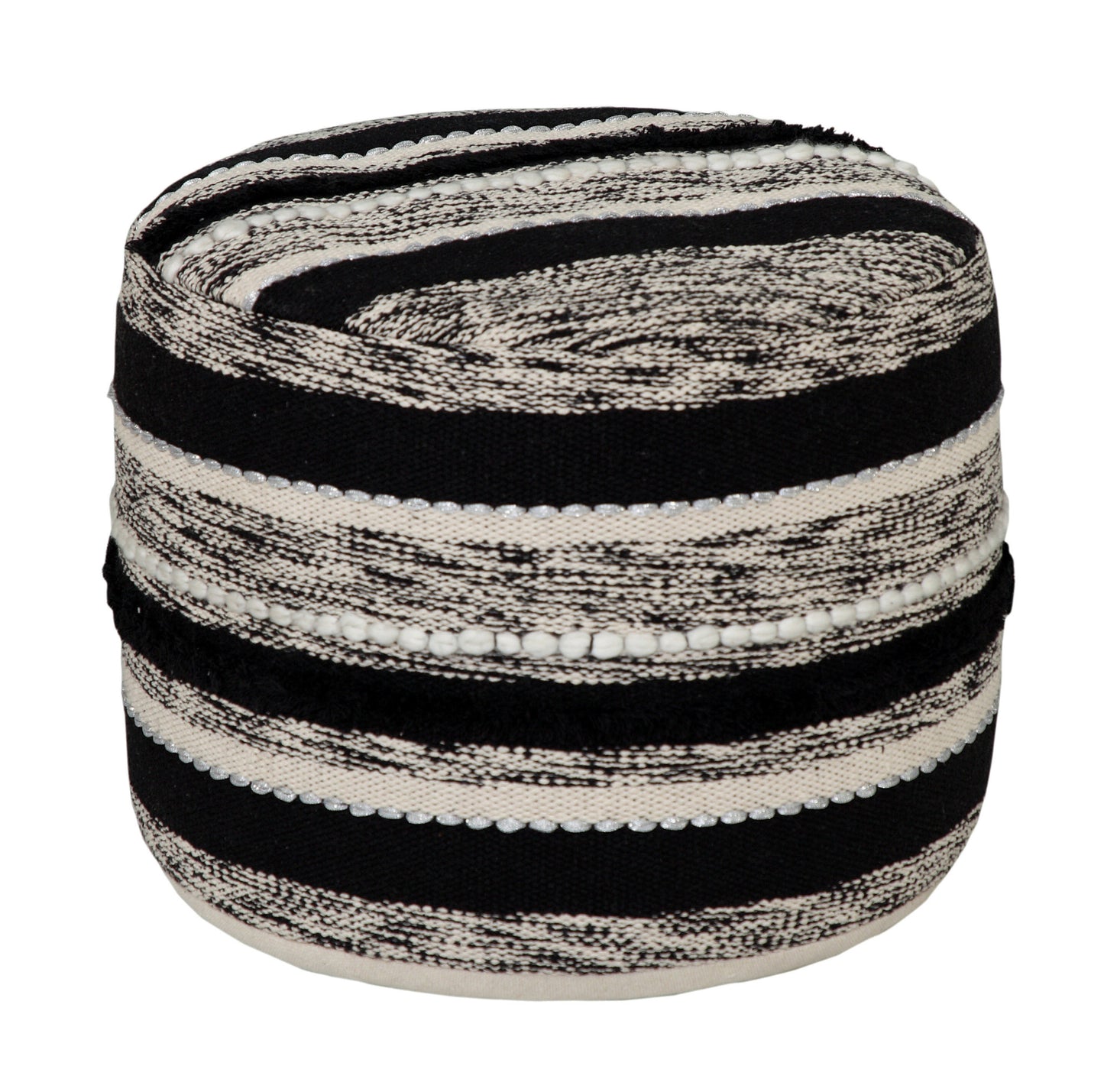 Woven basket with black and white striped pattern on a white background