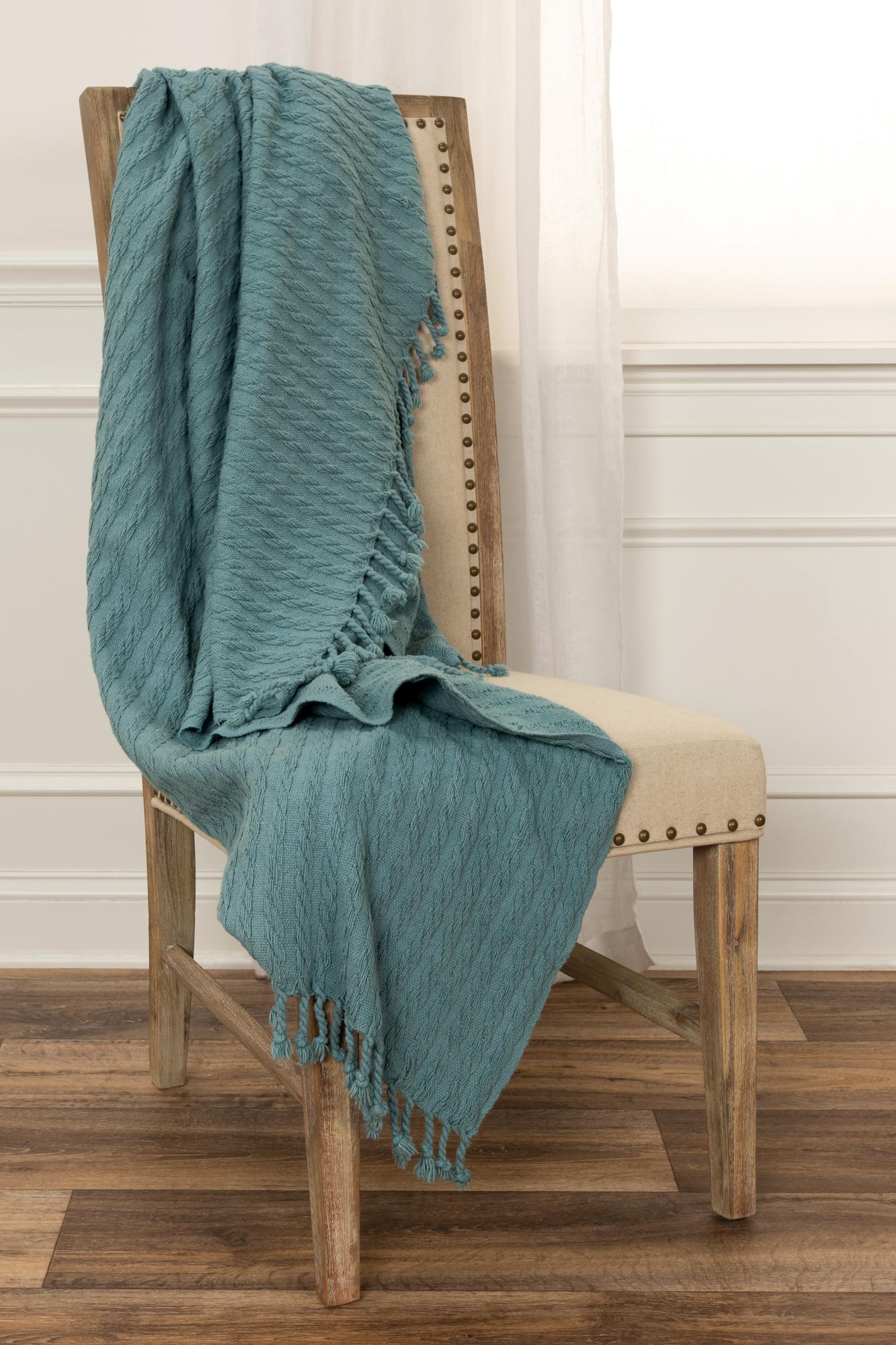 LAKEVIEW TEAL BLUE KNITTED COTTON THROW BLANKET