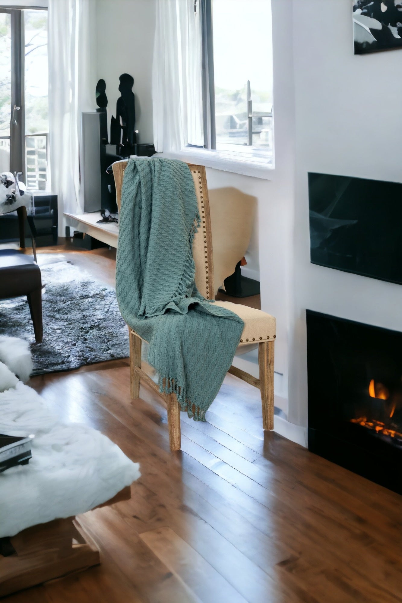 LAKEVIEW TEAL BLUE KNITTED COTTON THROW BLANKET