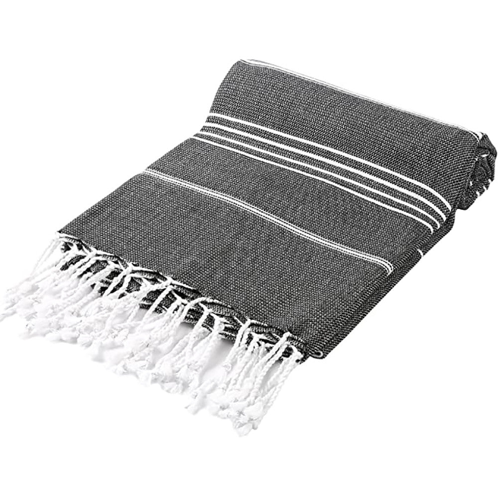 Gray towel with white stripes and fringes on a white background
