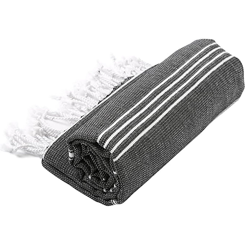 Folded black and white striped towel with fringes on a white background