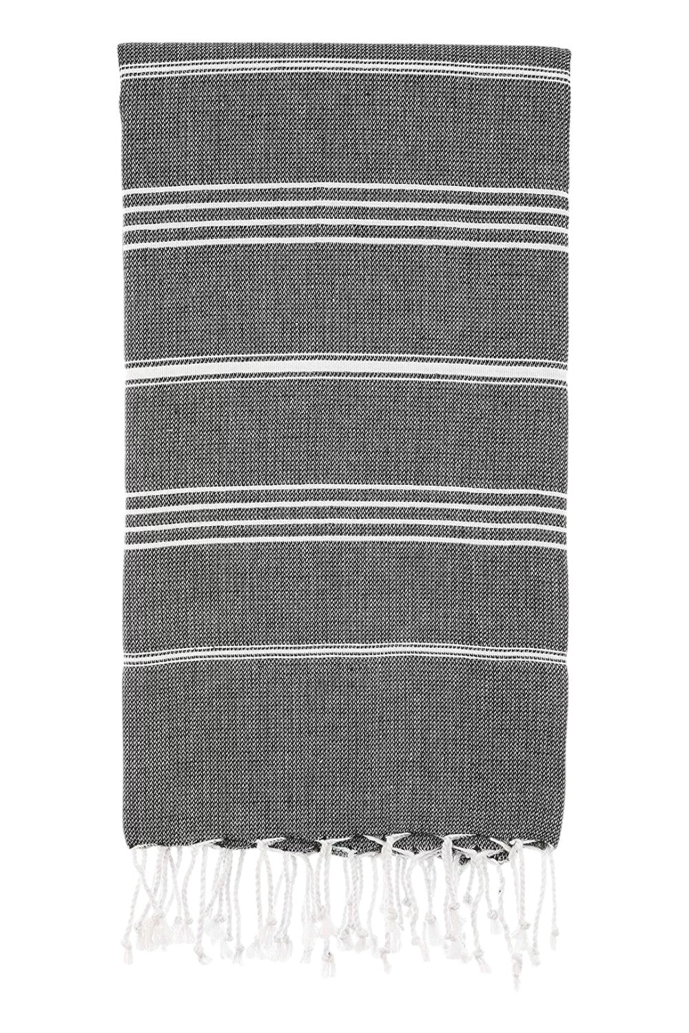 Gray towel with white stripes and fringes on a white background