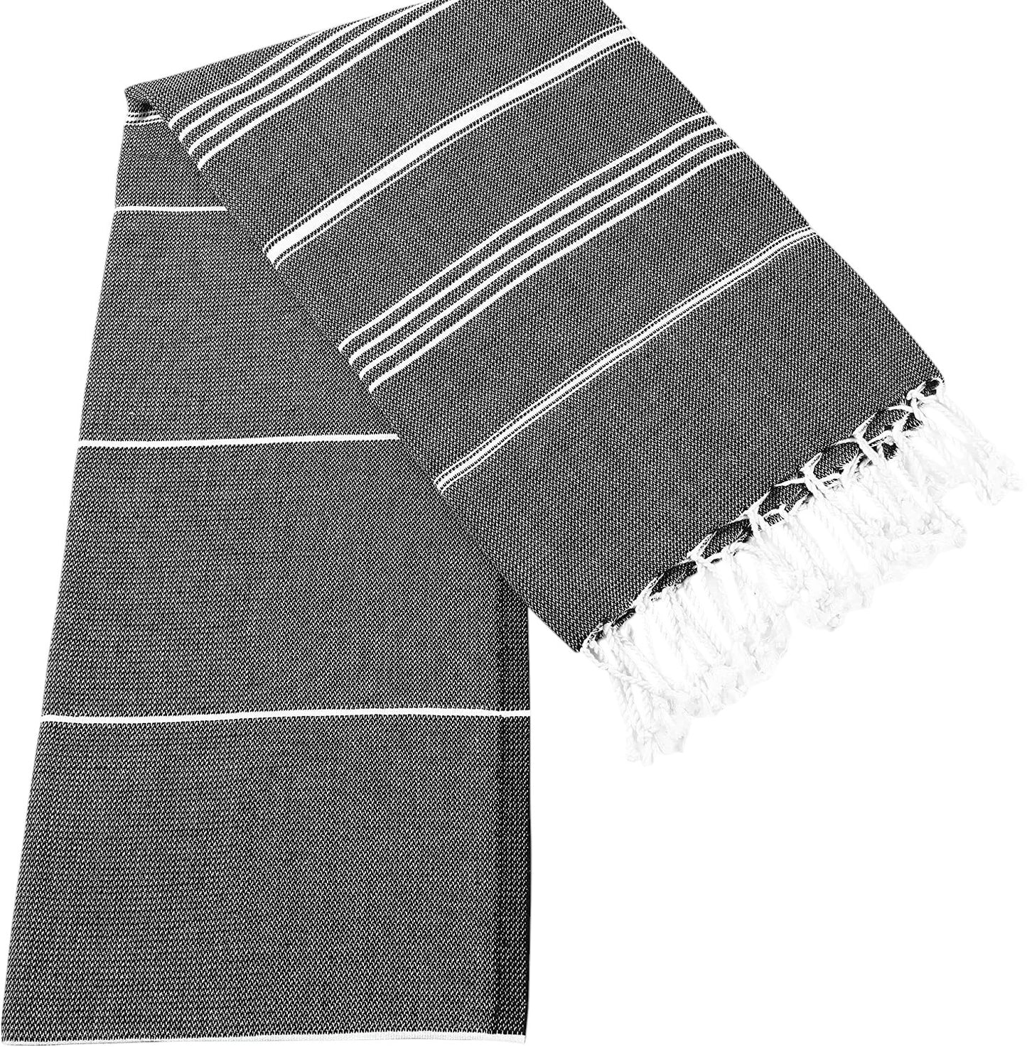 Gray towel with white stripes and fringes on a white background