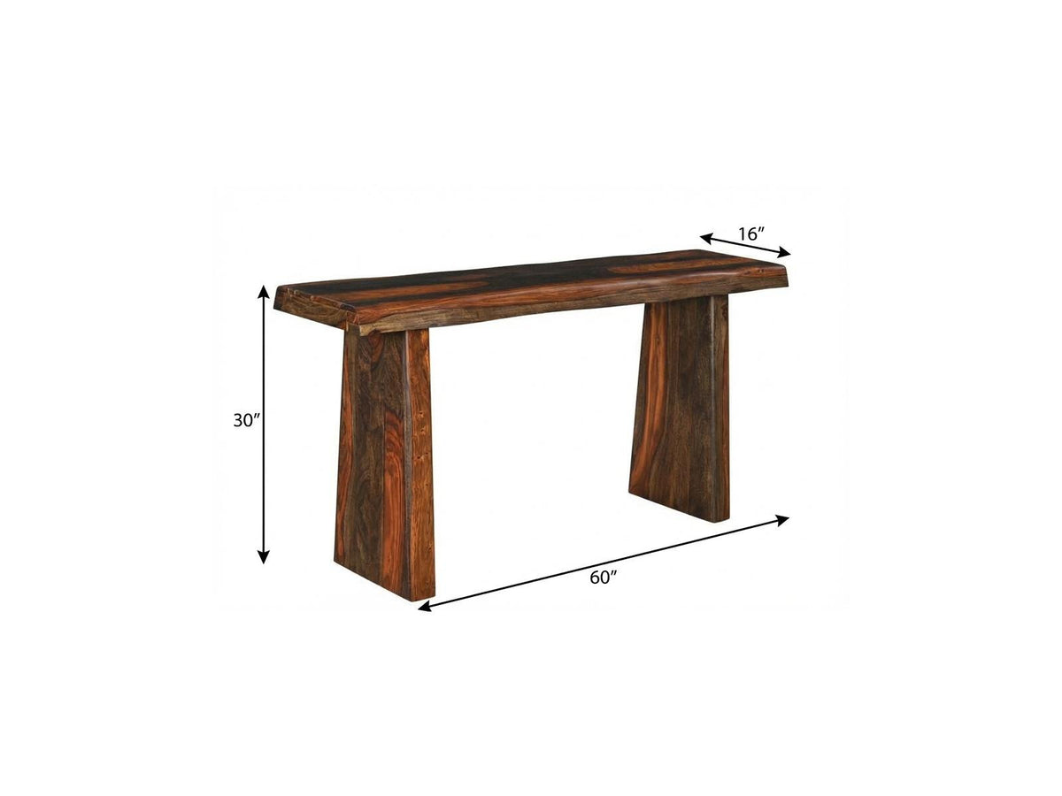 solid wood sled console table, wood sled console table, brown solid wood sled console, solid wood sled console, sled console table