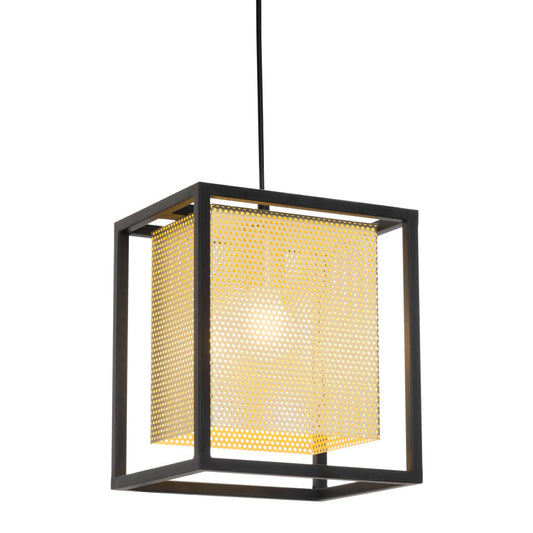 Pendant light with black frame and gold mesh shade on a white background